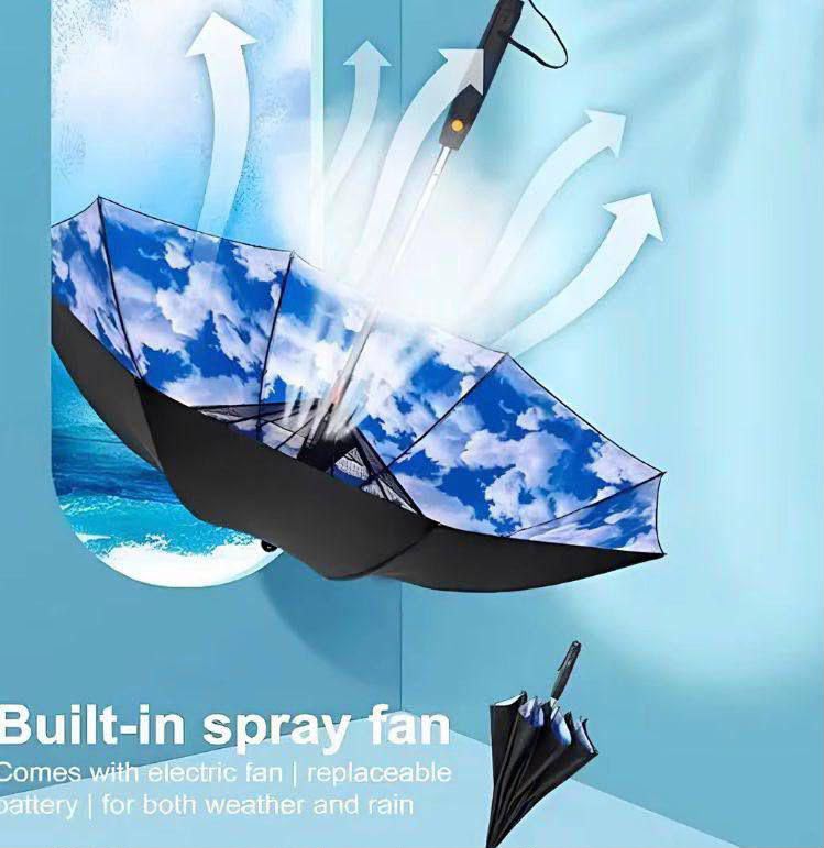 Smart Rechargeable Cooling Umbrella Fan with Mist Spray | USB Type-C | 2600mAh Battery | 2 Speed Levels