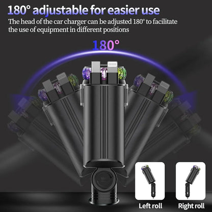 5-in-1 Car Charger with 180° Adjustable Head, Retractable 80cm Fast Charging Cables USB-C and iOS, Dual Port 45W, Air Freshener with LED Star Light, type c cable, car charger fast charging