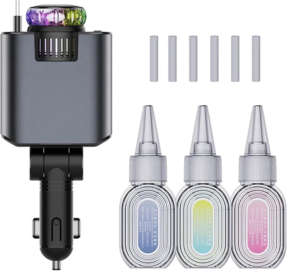 5-in-1 Car Charger with 180° Adjustable Head, Retractable 80cm Fast Charging Cables USB-C and iOS, Dual Port 45W, Air Freshener with LED Star Light, type c cable, car charger fast charging