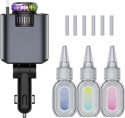 5-in-1 Car Charger with 180° Adjustable Head, Retractable 80cm Fast Charging Cables USB-C and iOS, Dual Port 45W, Air Freshener with LED Star Light, type c cable, car charger fast charging