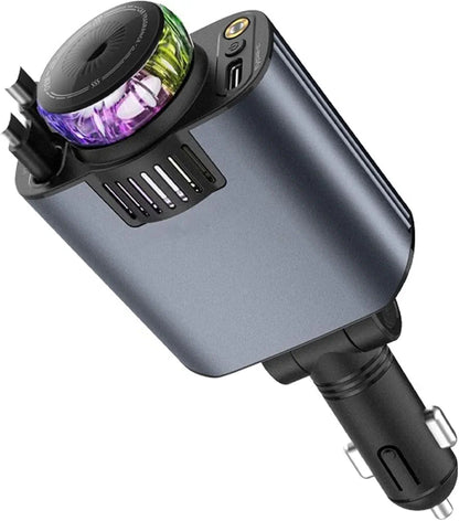 5-in-1 Car Charger with 180° Adjustable Head, Retractable 80cm Fast Charging Cables USB-C and iOS, Dual Port 45W, Air Freshener with LED Star Light, type c cable, car charger fast charging