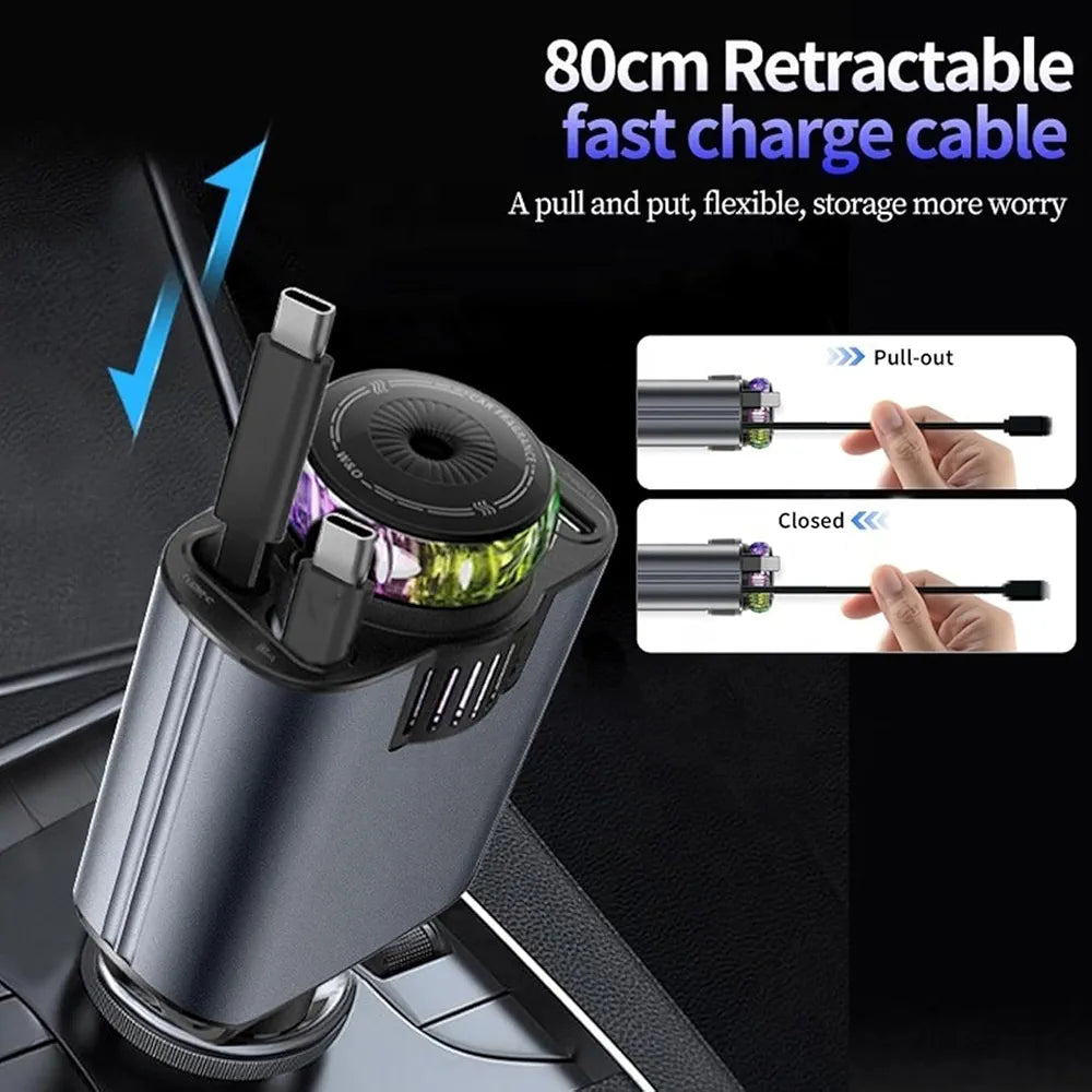 5-in-1 Car Charger with 180° Adjustable Head, Retractable 80cm Fast Charging Cables USB-C and iOS, Dual Port 45W, Air Freshener with LED Star Light, type c cable, car charger fast charging