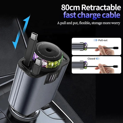 5-in-1 Car Charger with 180° Adjustable Head, Retractable 80cm Fast Charging Cables USB-C and iOS, Dual Port 45W, Air Freshener with LED Star Light, type c cable, car charger fast charging