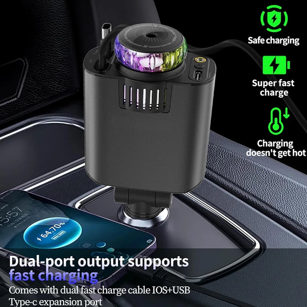 5-in-1 Car Charger with 180° Adjustable Head, Retractable 80cm Fast Charging Cables USB-C and iOS, Dual Port 45W, Air Freshener with LED Star Light, type c cable, car charger fast charging