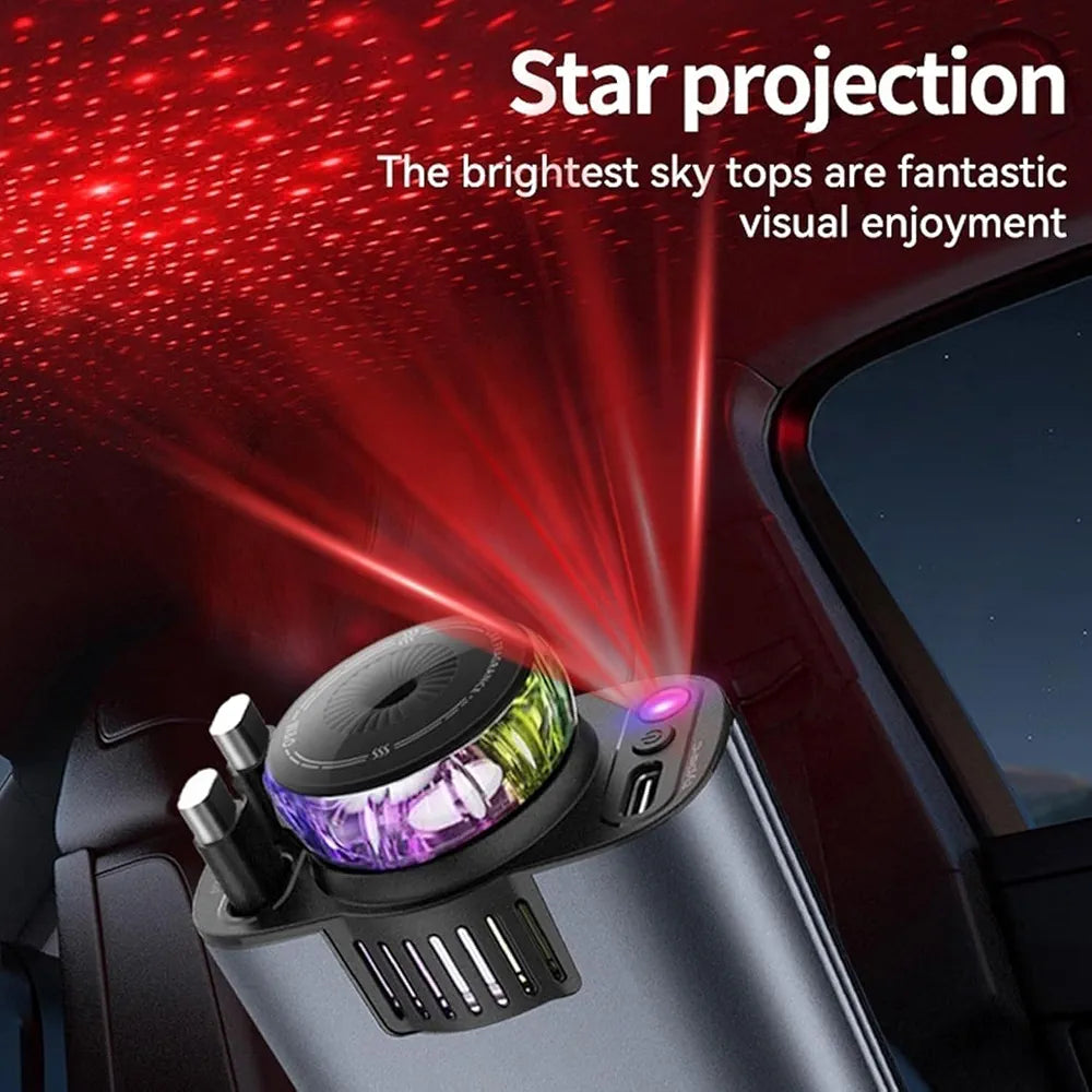 5-in-1 Car Charger with 180° Adjustable Head, Retractable 80cm Fast Charging Cables USB-C and iOS, Dual Port 45W, Air Freshener with LED Star Light, type c cable, car charger fast charging