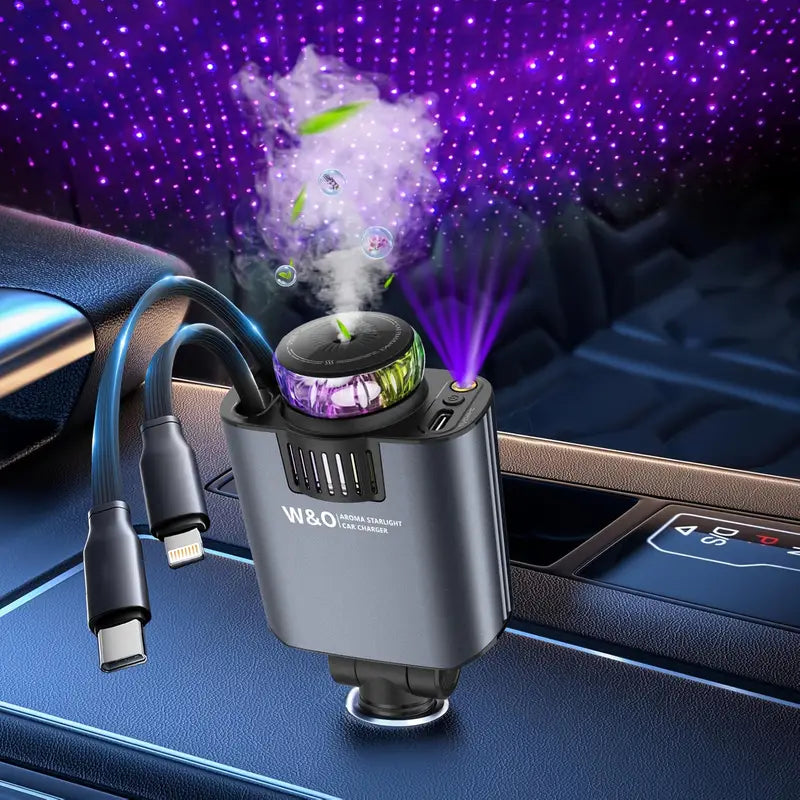 6-in-1 Aroma Starlight Car Charger – Model D1 | Fast Charging, Star Light & Perfume Diffuser
