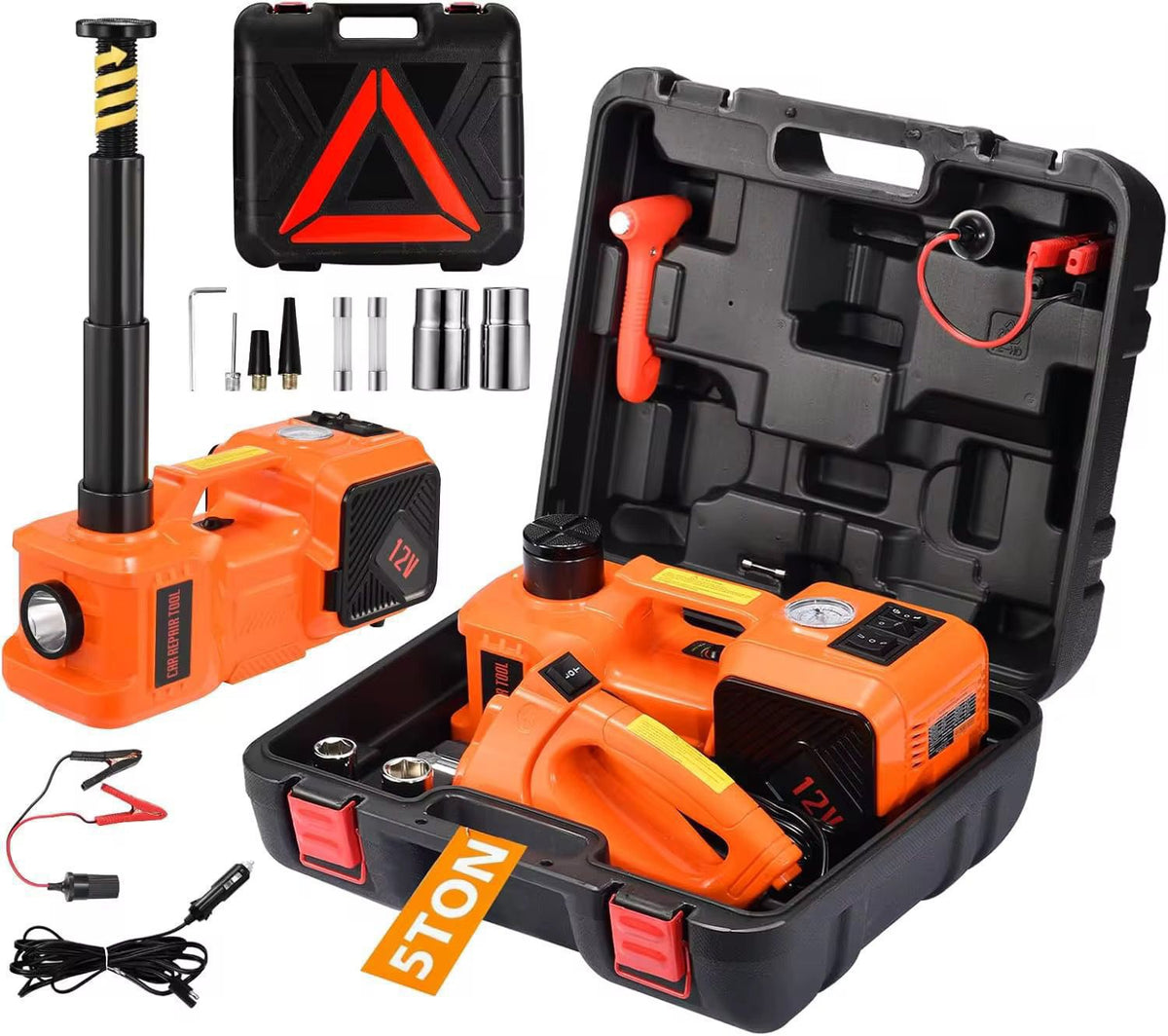 4-in-1 Electric Hydraulic Car Repair Tool Kit – 5 Ton Heavy Duty Car Jack with Built-in Air Pump, Electric Impact Wrench & LED Light | 12V Portable Emergency Kit