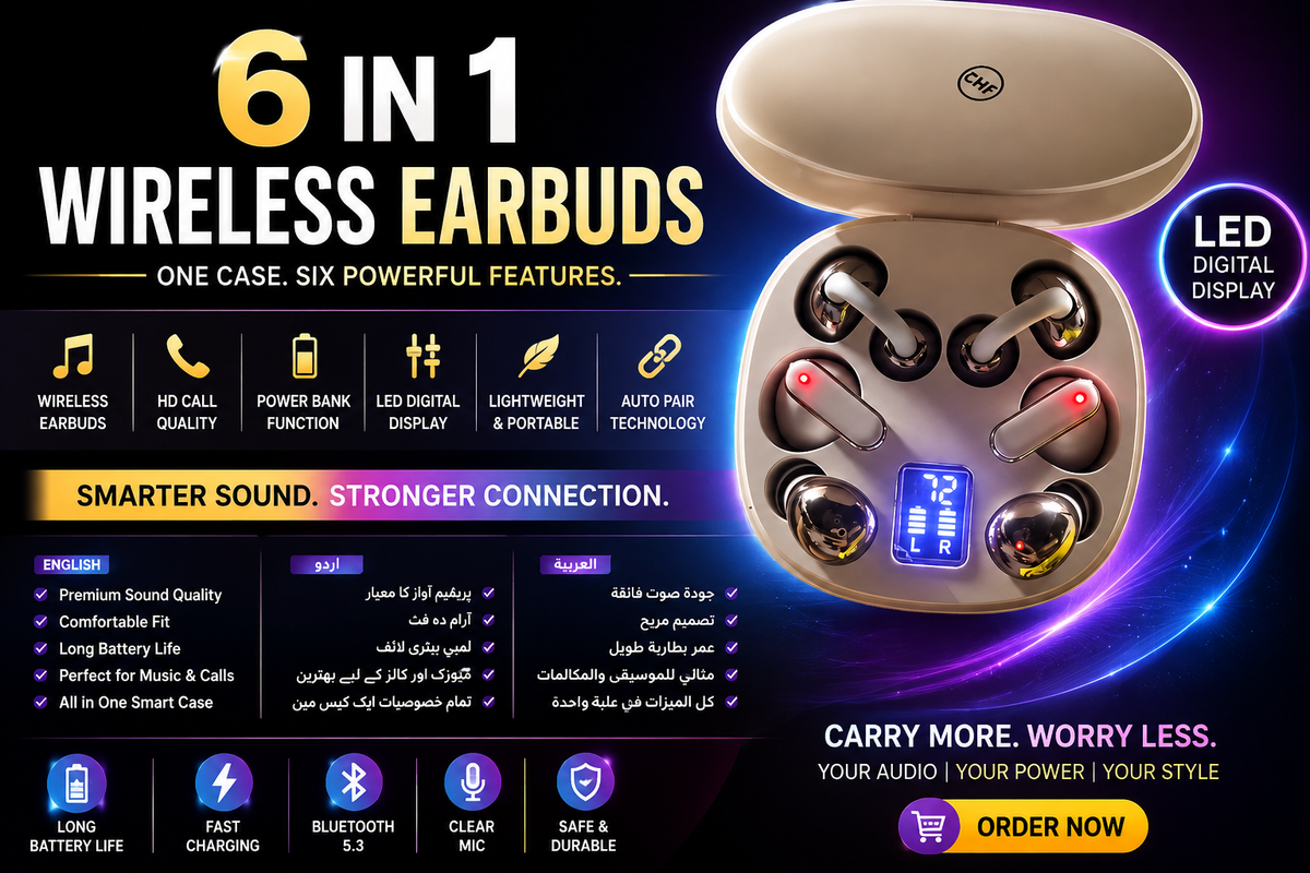 6-in-1 Wireless Earbuds – 3 Stylish Pairs in One Charging Case