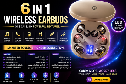 6-in-1 Wireless Earbuds – 3 Stylish Pairs in One Charging Case