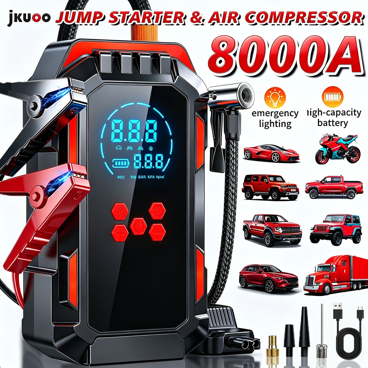 Portable Jump Starter & Air Inflator – Powerful Battery, Compact Design, Fast Inflation & Emergency Power Bank