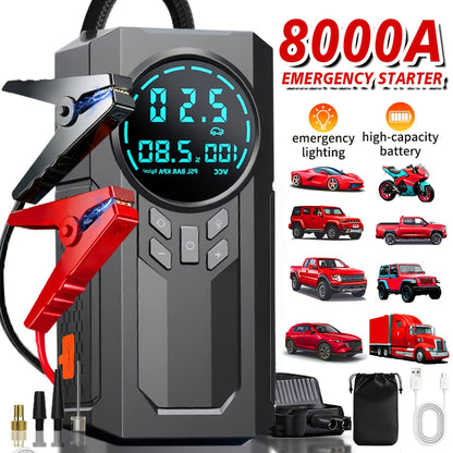 Portable Jump Starter & Air Inflator – Powerful Battery, Compact Design, Fast Inflation & Emergency Power Bank