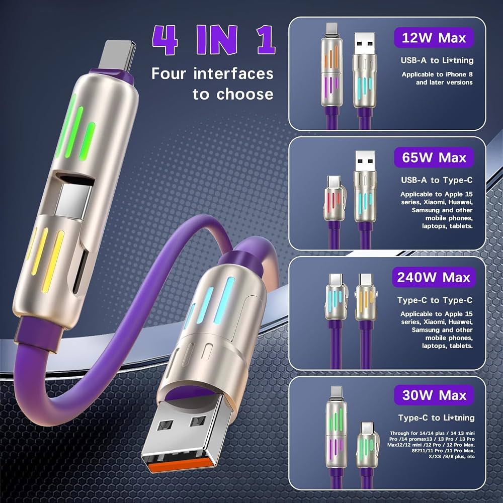 4-in-1 Fast Charging Cable – USB-A & Type-C to Lightning / Type-C