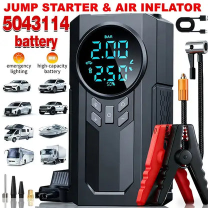 Portable Jump Starter & Air Inflator – Powerful Battery, Compact Design, Fast Inflation & Emergency Power Bank