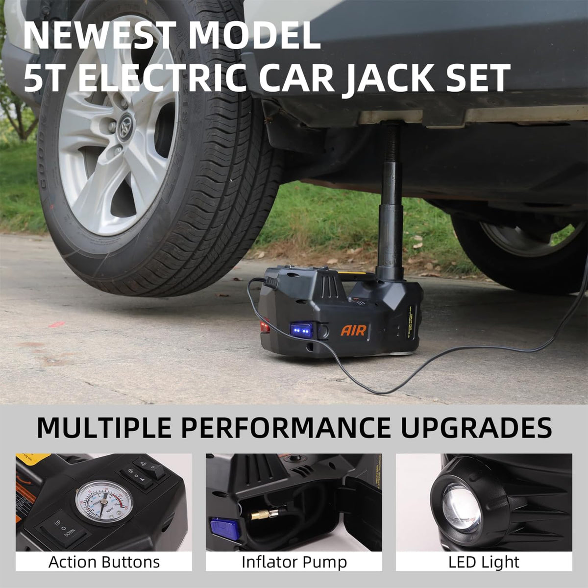 4-in-1 Electric Hydraulic Car Repair Tool Kit – 5 Ton Heavy Duty Car Jack with Built-in Air Pump, Electric Impact Wrench & LED Light | 12V Portable Emergency Kit