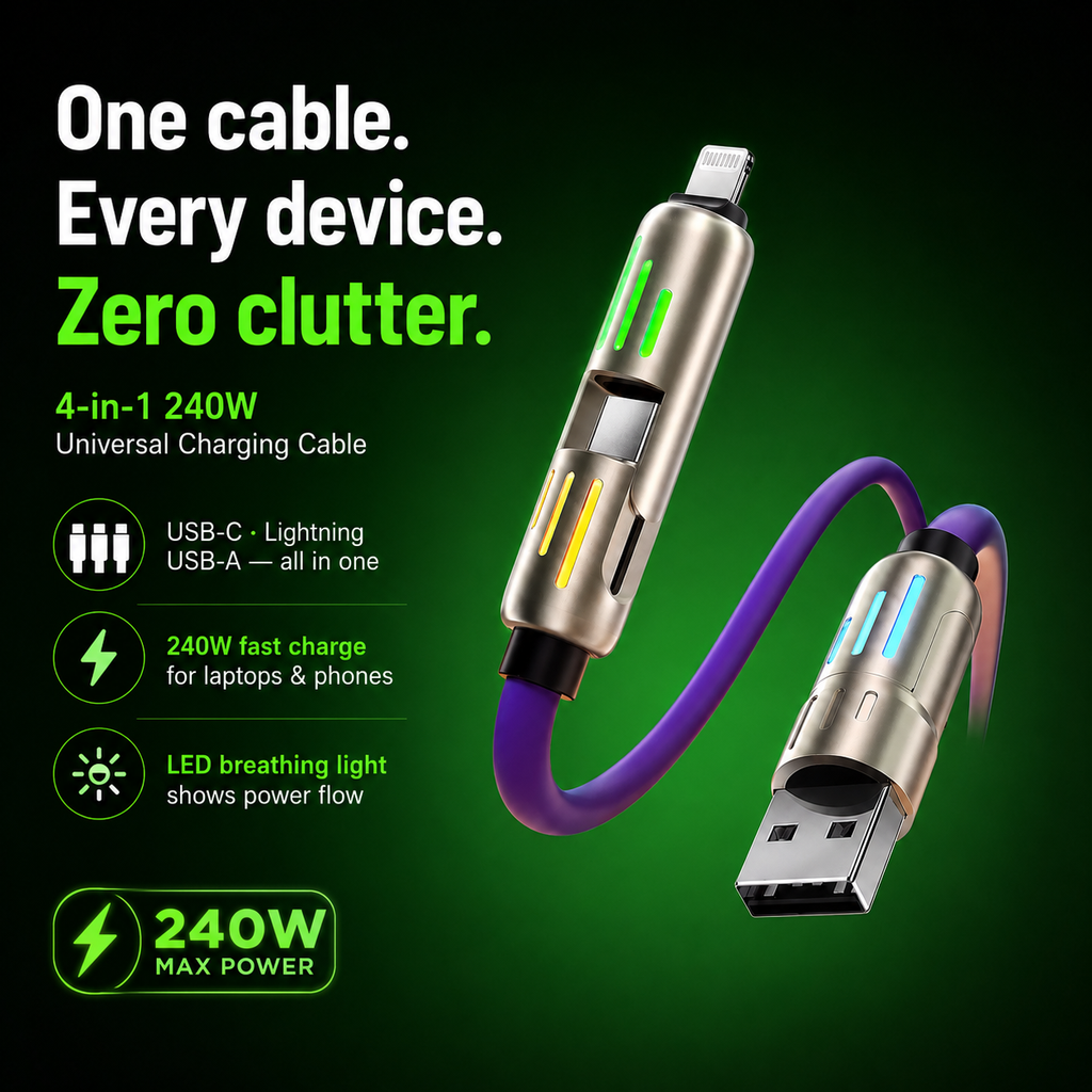 4-in-1 Fast Charging Cable – USB-A & Type-C to Lightning / Type-C